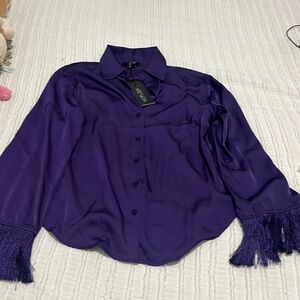 Rachel Zoe Purple Satin Long Sleeve Button Down with Fringe. XS NWT